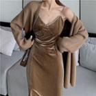 Plain Loose-fit Long-sleeve Knit Jacket / Plain V-neck Slim-fit Velvet Side-slit Sleeveless Dress