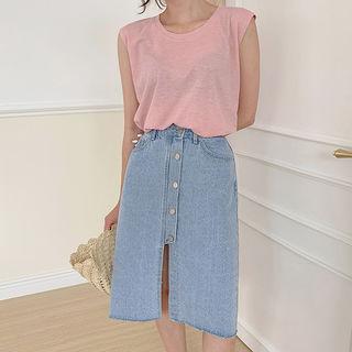 Buttoned Deep-slit Midi Denim Skirt