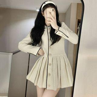 Long-sleeve Button-up Pleated Mini A-line Dress