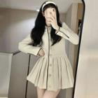 Long-sleeve Button-up Pleated Mini A-line Dress