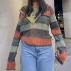 Long Sleeve Zip-detail Striped Knitted Hooded Sweater