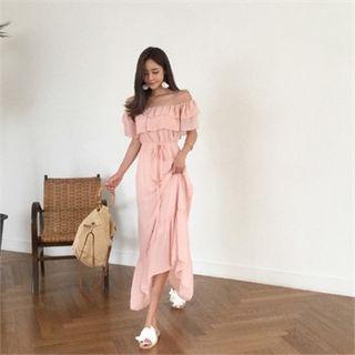Off-shoulder Frill-trim Long Dress With Sash