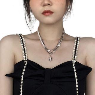 Set: Star Pendant Faux Pearl Stainless Steel Choker + Stainless Steel Choker