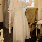 Faux Pearl Puff-sleeve Midi A-line Dress
