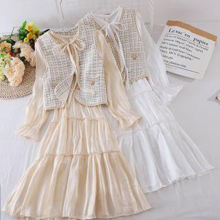 Set: Puff-sleeve Midi A-line Dress + Tweed Plaid Vest