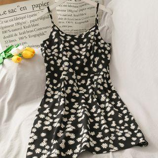 Daisy-print Sleeveless Mini Dress Black - One Size