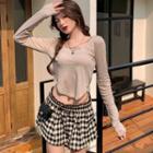Round-neck Long Sleeve Round Hem Crop Top Top - One Size