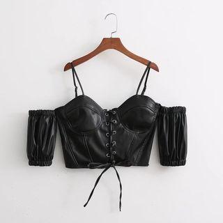 Faux Leather Elbow-sleeve Cold Shoulder Top