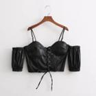 Faux Leather Elbow-sleeve Cold Shoulder Top