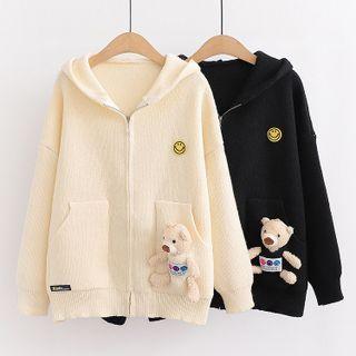 Bear Applique Hooded Zip-up Cardigan