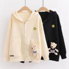 Bear Applique Hooded Zip-up Cardigan