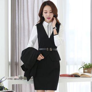Plain Blazer / Vest / Long-sleeve Blouse / Mini Skirt Set