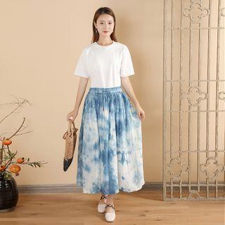 Indigo Dyed A-line Midi Skirt Blue & White - One Size