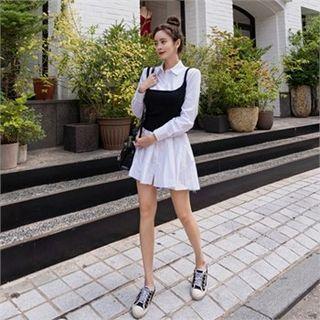 Set: Sleeveless Knit Top + Pleated-hem Mini Shirtdress