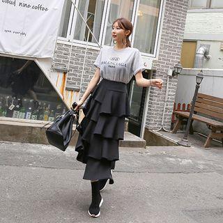 Asymmetric Ruffle-tiered Long Skirt
