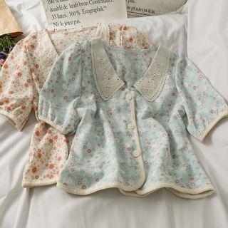 Contrasted Puff-sleeve Floral Shirt