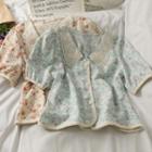Contrasted Puff-sleeve Floral Shirt