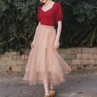 Set: Short-sleeve Top + Pattern A-line Midi Skirt