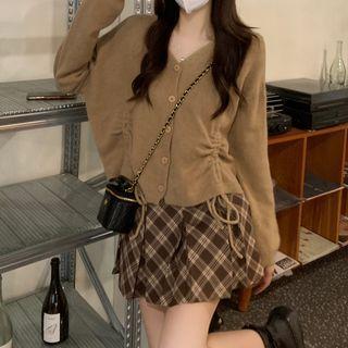 Drawstring Cardigan / Plaid Mini Pleated Skirt
