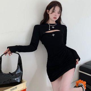 Set: Spaghetti-strap Cross Print Mini Sheath Dress + Long-sleeve Crop Top Black - One Size