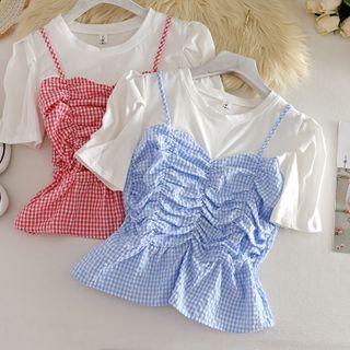 Fake Two Piece Plaid Puff-sleeved Top