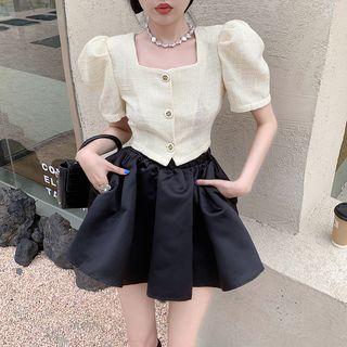 Puff-sleeve Plaid Square Neck Blouse