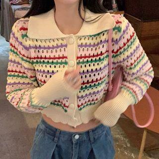 Striped Collared Cardigan Beige - One Size