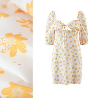 Keyhole Ruffled Floral Print Elbow Sleeve Dress
