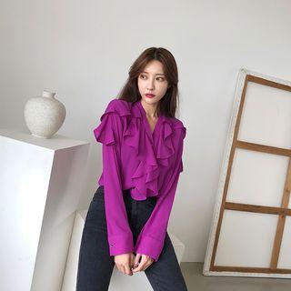 V-neck Ruffled Crepe Blouse