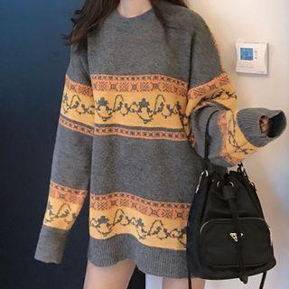 Long Sleeve Printed Sweater Gray - One Size