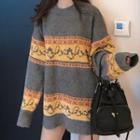 Long Sleeve Printed Sweater Gray - One Size