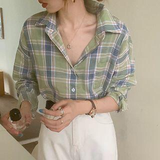 Short-sleeve Plaid Shirt Plaid - Green & Blue - One Size