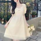 Puff Sleeve Square-neck Bow Mini A-line Dress