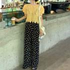 Puff-sleeve Eyelet Lace Top / Floral Print Wide-leg Pants