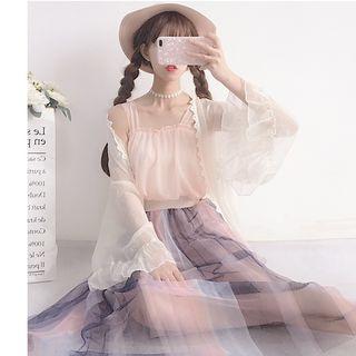 Sleeveless Frill Trim Chiffon Top / Mesh A-line Midi Skirt / Light Jacket