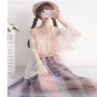 Sleeveless Frill Trim Chiffon Top / Mesh A-line Midi Skirt / Light Jacket