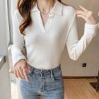 Long-sleeve Collared Placket Knit Top