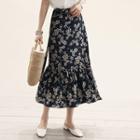 Ruffled-hem Floral-pattern Midi Skirt