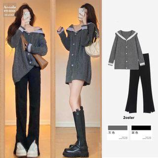 Sailor Collar Cable Knit Cardigan / Slit-hem Straight Leg Pants
