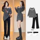 Sailor Collar Cable Knit Cardigan / Slit-hem Straight Leg Pants