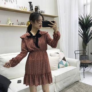Bow Print Long-sleeve Dress