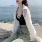 Long-sleeve Sheer Shirt / Wide-leg Pants / Strappy Camisole Top