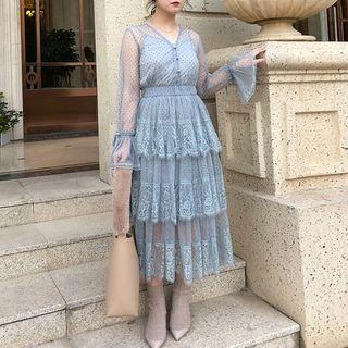 Set: Bell-sleeve Mesh Panel Dotted Midi Lace Layered Dress + Camisole