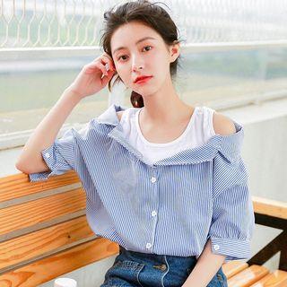 Mock Two Piece Cut Out Shoulder Plaid Short Sleeve Blouse