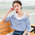 Mock Two Piece Cut Out Shoulder Plaid Short Sleeve Blouse