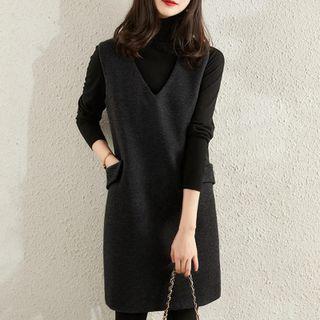 Set: Long-sleeve Turtleneck Top + Sleeveless Dress