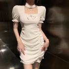 Puff-sleeve Choker-neck Shirred Sheath Dress