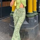 Flower Print Cropped Boot-cut Pants