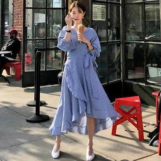 Elbow-sleeve Striped Asymmetric Midi Dress