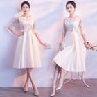 Flower Embroidered Elbow-sleeve A-line Cocktail Dress